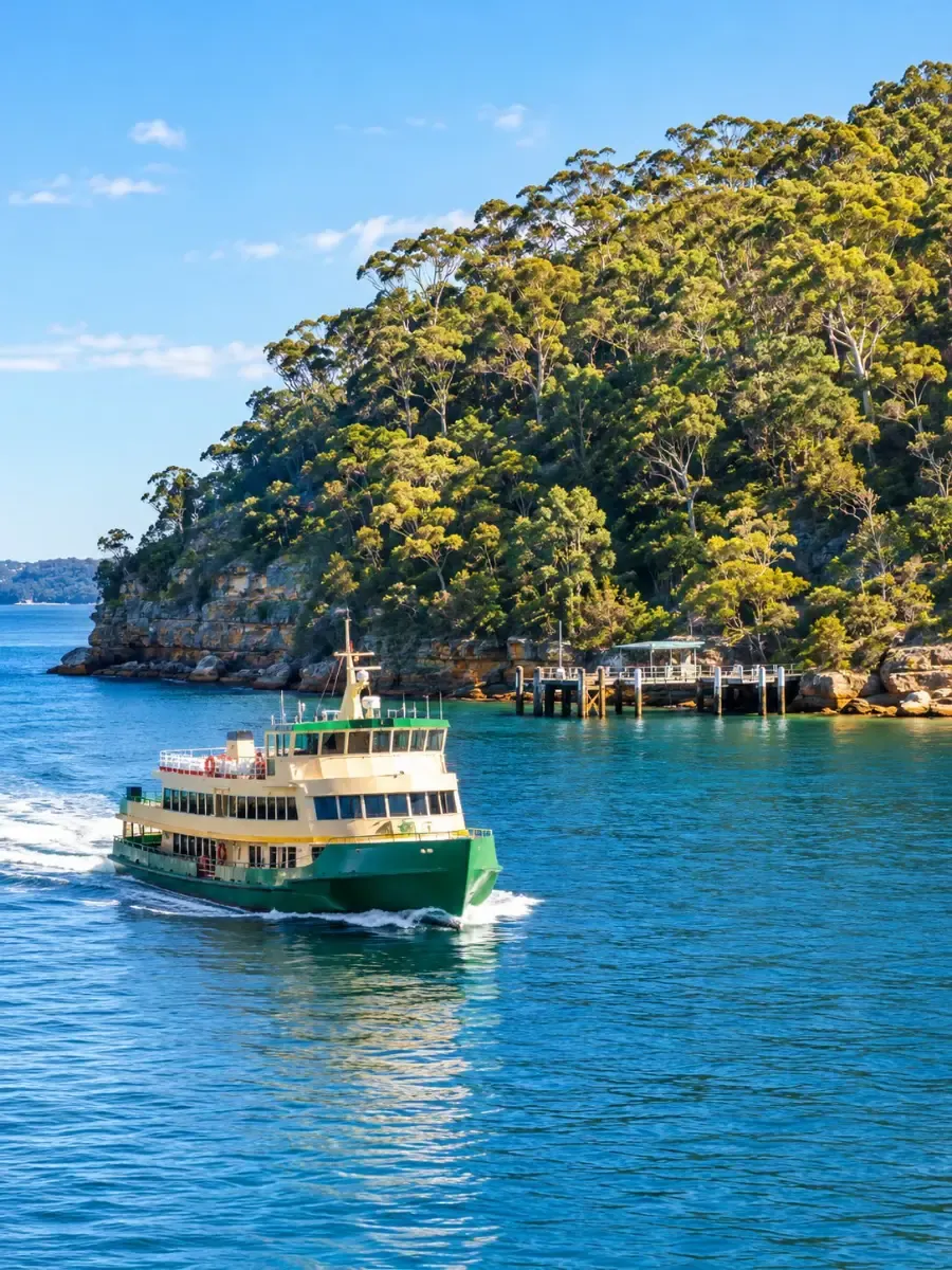 Eine Sydney-Fähre überquert den Hafen in Richtung eines bewaldeten Vorgebirges an einem sonnigen Tag