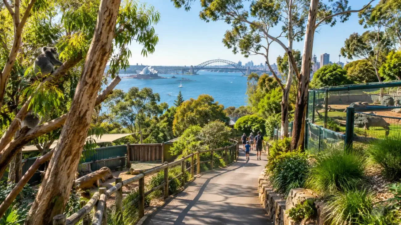 Ein gewundener Pfad zwischen Eukalyptusbäumen und Gehegen auf einem Hügel über dem Sydney Harbour