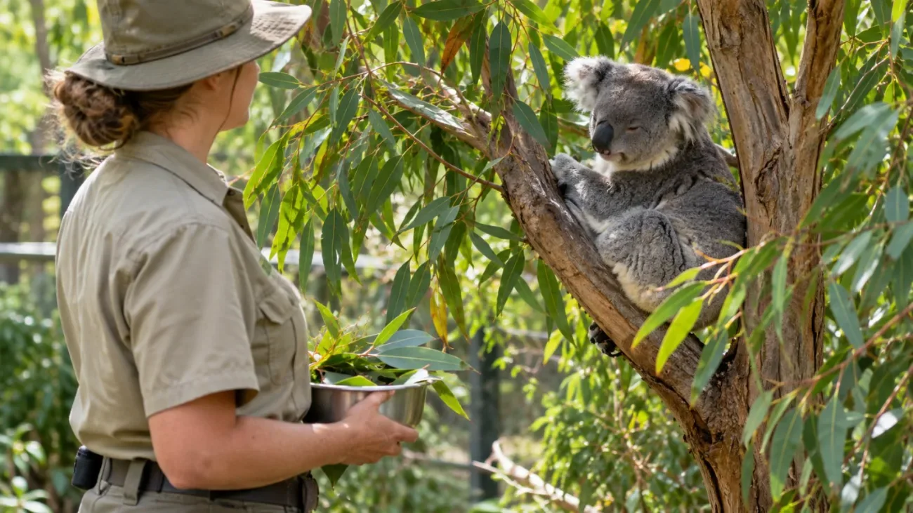 Ein Tierpfleger in Khaki-Uniform hält eine Futterschale in der Nähe eines Koalas in einem Eukalyptusbaum